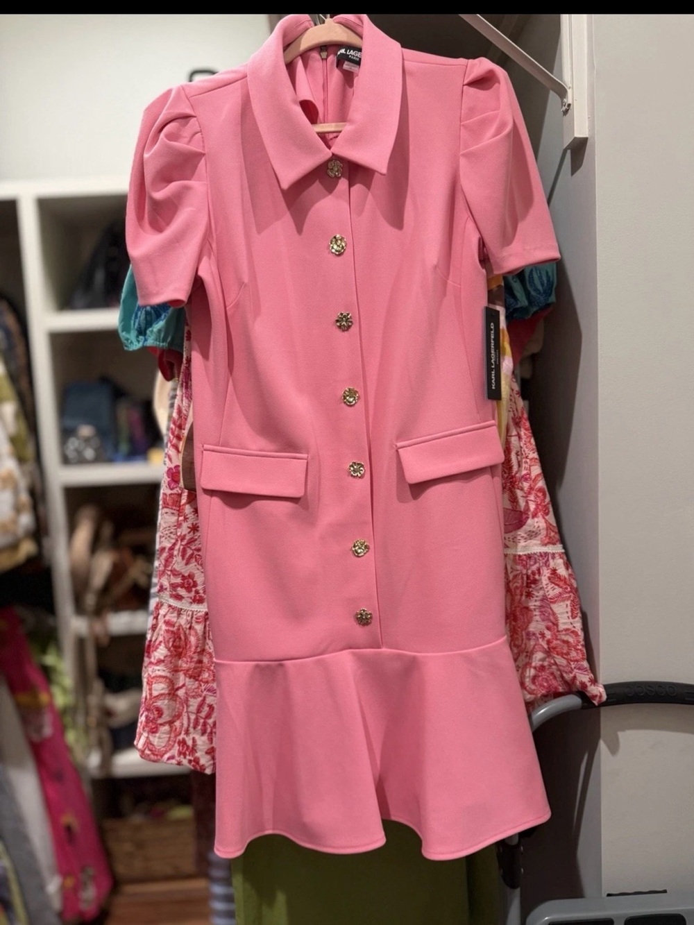 Karl Lagerfeld Pink Puff Sleeve Dress with Gold Buttons